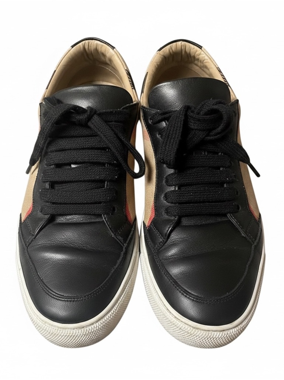 Burberry Black Leather Sneakers with Beige Panels & Red Stripe - Picture 1 of 8
